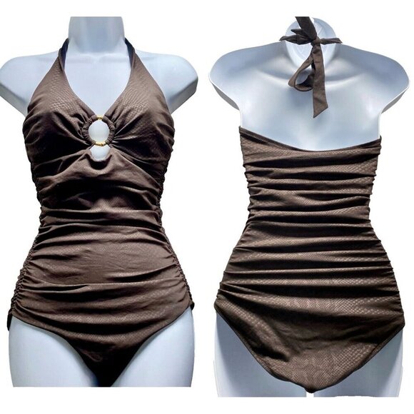 HEIDI KLEIN Halter One Piece Swimsuit Ruched Sides Underwire Summer Brown 2 81-9 - Picture 1 of 14